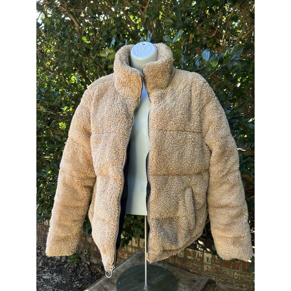Hollister Mockneck Puffer Sherpa Cream Tan Beige Teddy Jacket Coat Sz Large - Picture 3 of 8